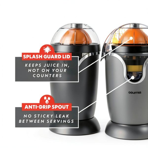 Gourmia Hands Automatic Citrus Juicer with One-Touch Operation - Universal Cone, Anti-Drip Spout, Dishwasher Safe Accessories, Compact, Quiet 60W Motor-2